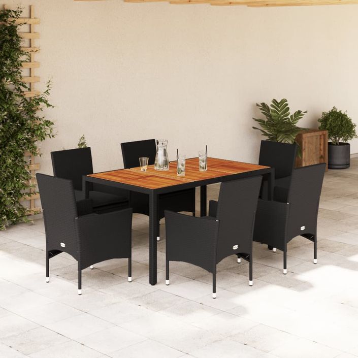 Ensemble à manger de jardin et coussins 7pcs noir rotin acacia - Photo n°2