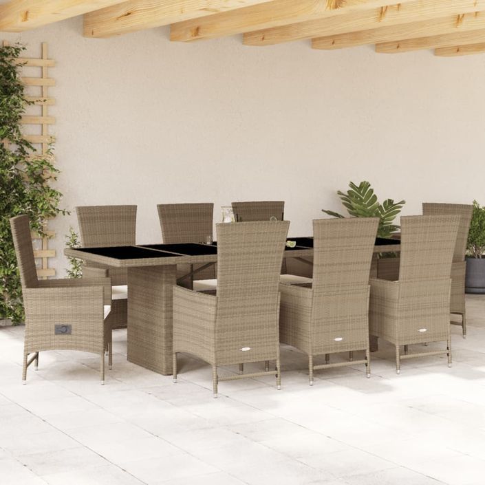 Ensemble à manger de jardin et coussins 9 pcs beige Poly rotin - Photo n°2