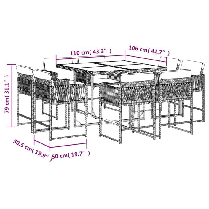 Ensemble à manger de jardin et coussins 9 pcs beige Poly rotin - Photo n°5