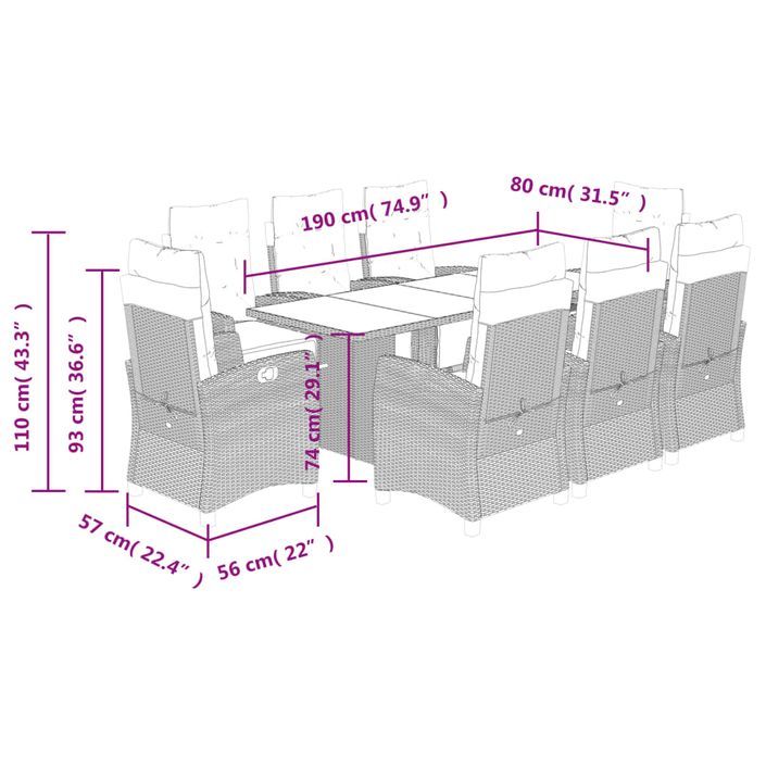 Ensemble à manger de jardin et coussins 9 pcs beige Poly rotin - Photo n°9