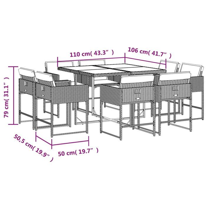 Ensemble à manger de jardin et coussins 9 pcs beige Poly rotin - Photo n°8