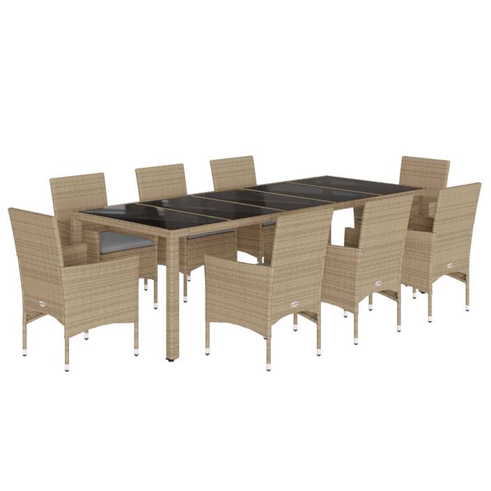 Ensemble à manger de jardin et coussins 9 pcs beige rotin verre - Photo n°1