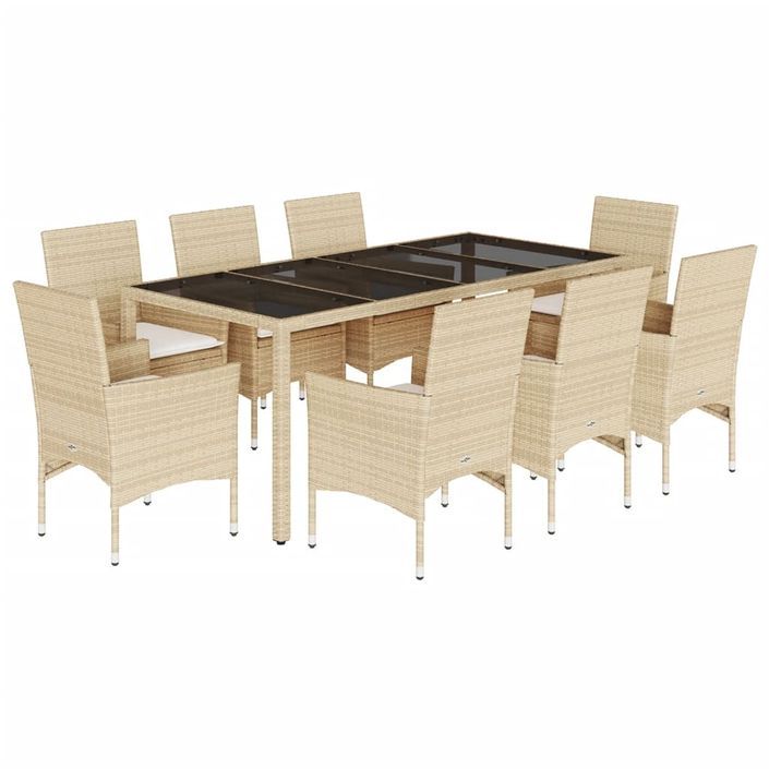 Ensemble à manger de jardin et coussins 9 pcs beige rotin verre - Photo n°1