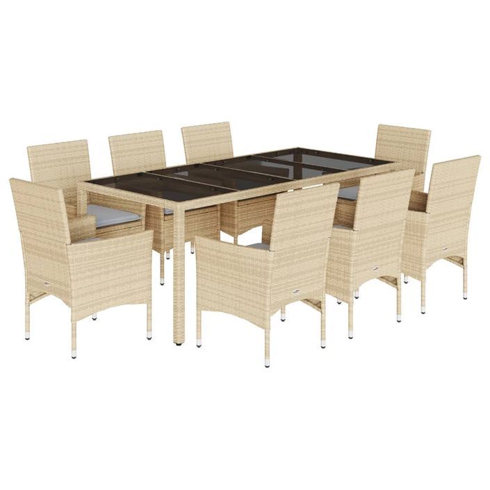 Ensemble à manger de jardin et coussins 9 pcs beige rotin verre - Photo n°1