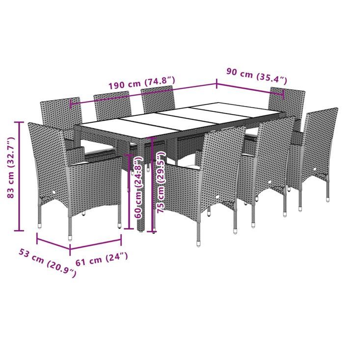 Ensemble à manger de jardin et coussins 9 pcs beige rotin verre - Photo n°7