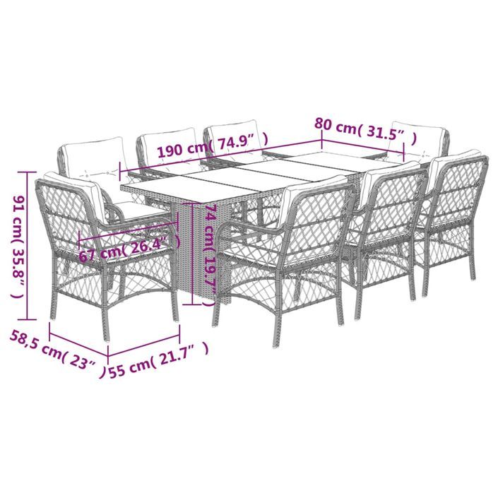 Ensemble à manger de jardin et coussins 9 pcs gris clair rotin - Photo n°7