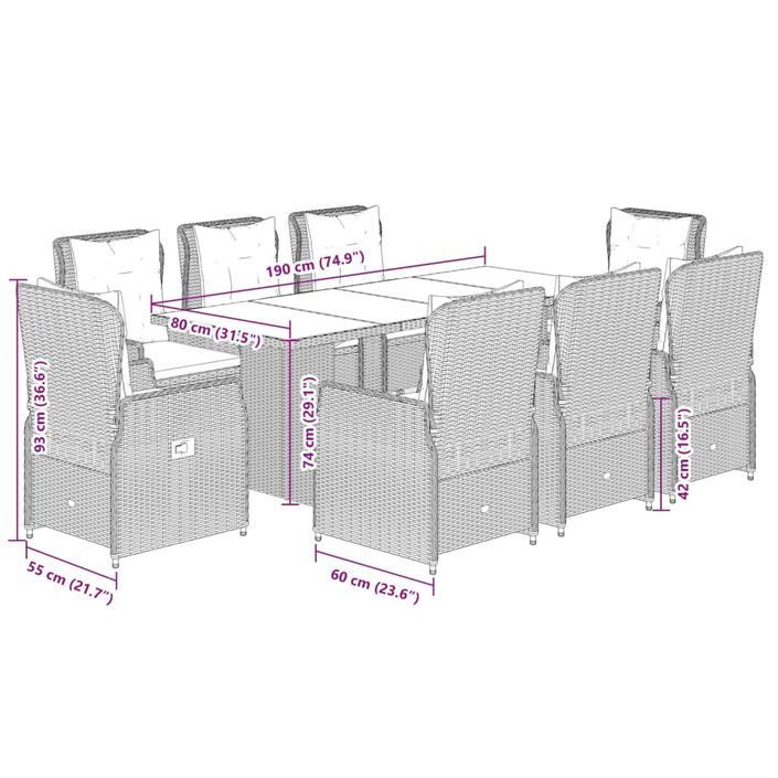 Ensemble à manger de jardin et coussins 9 pcs gris clair rotin - Photo n°8