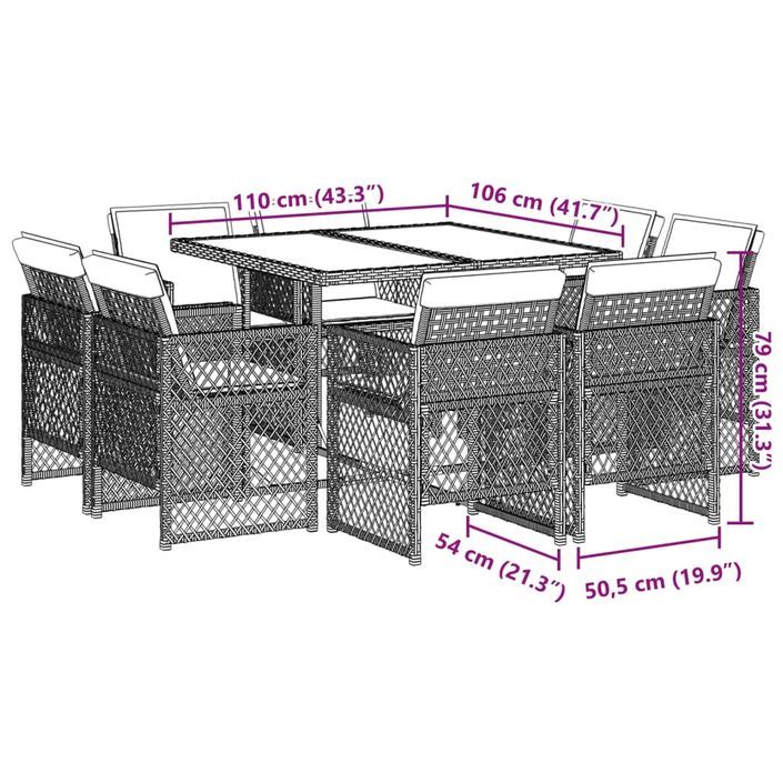 Ensemble à manger de jardin et coussins 9 pcs gris clair rotin - Photo n°8