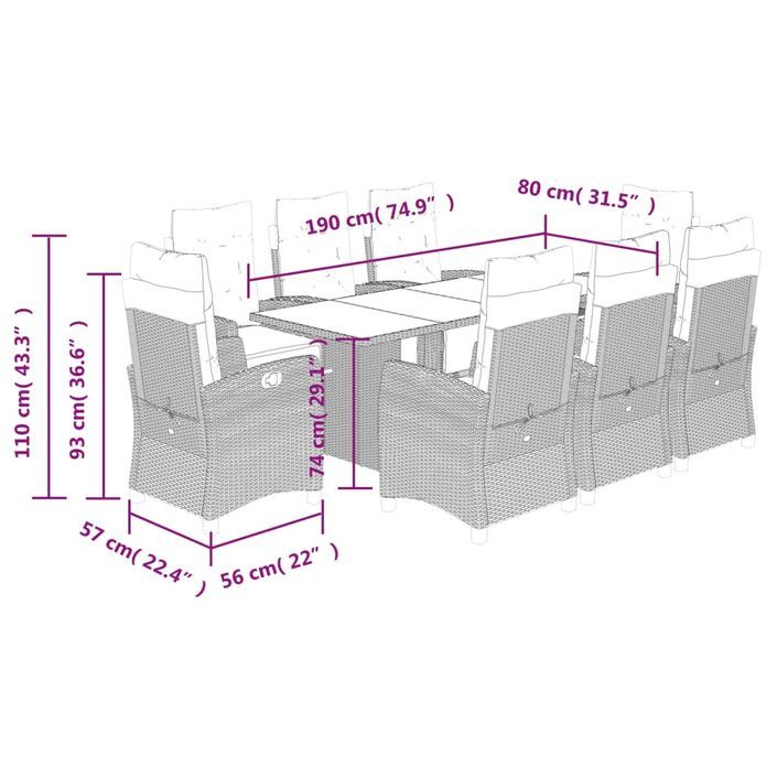 Ensemble à manger de jardin et coussins 9 pcs marron poly rotin - Photo n°9