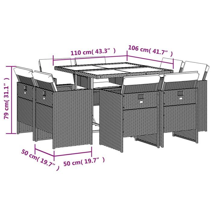 Ensemble à manger de jardin et coussins 9 pcs marron poly rotin - Photo n°8