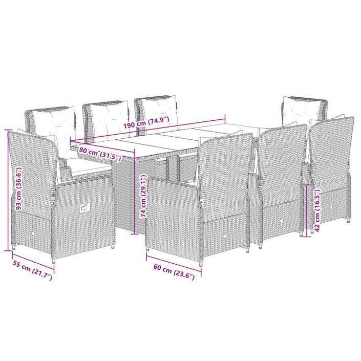 Ensemble à manger de jardin et coussins 9 pcs marron poly rotin - Photo n°8