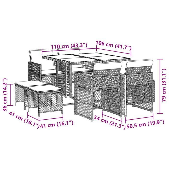 Ensemble à manger de jardin et coussins 9 pcs marron poly rotin - Photo n°11