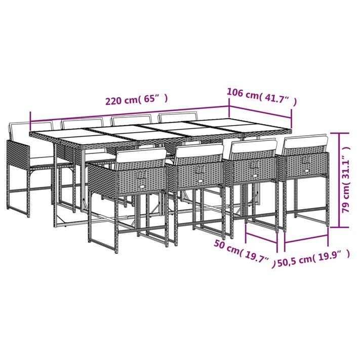 Ensemble à manger de jardin et coussins 9 pcs marron poly rotin - Photo n°6