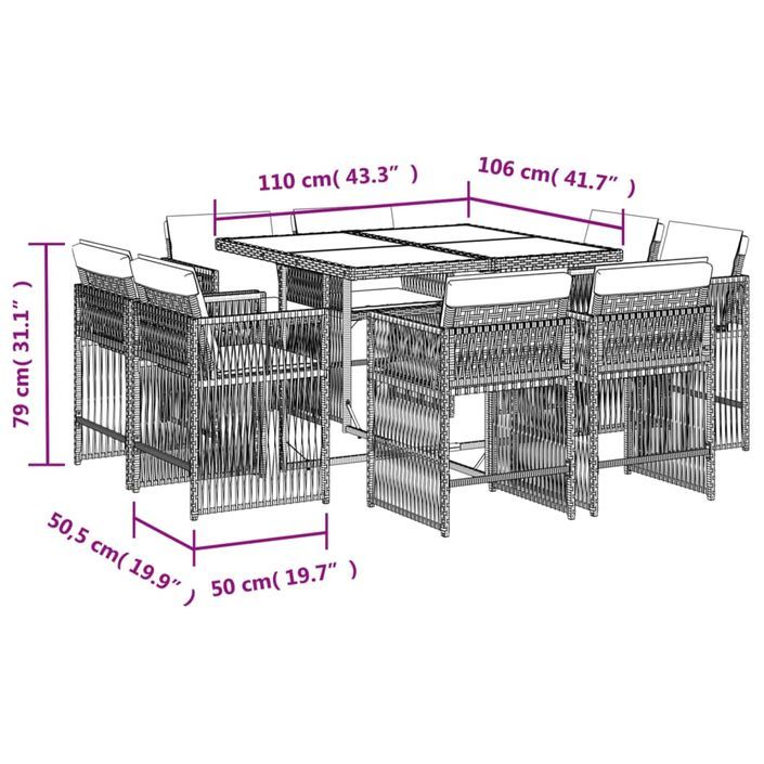 Ensemble à manger de jardin et coussins 9 pcs marron poly rotin - Photo n°5