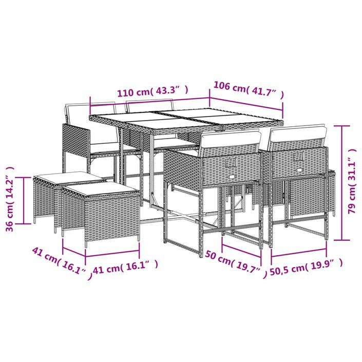 Ensemble à manger de jardin et coussins 9 pcs mélange beige - Photo n°6