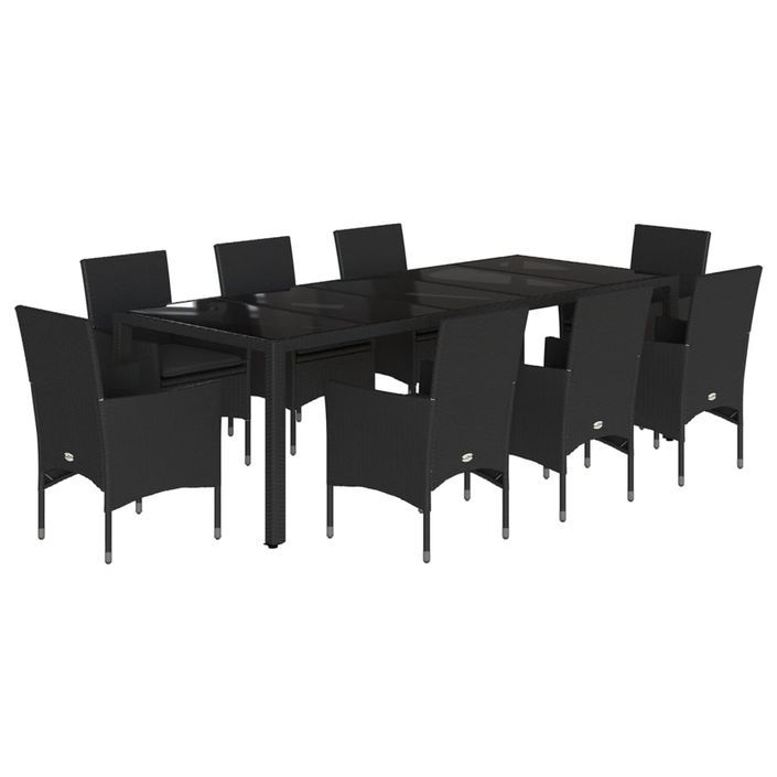 Ensemble à manger de jardin et coussins 9 pcs noir rotin verre - Photo n°1