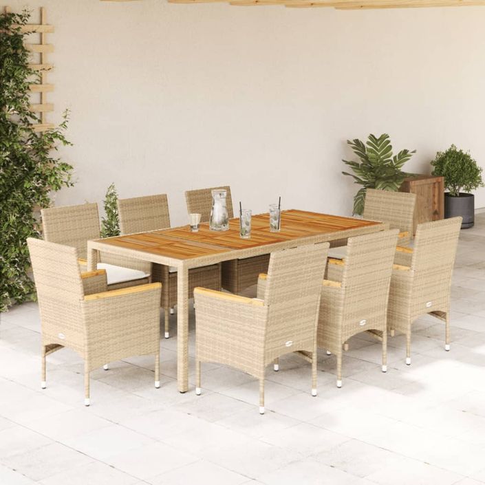 Ensemble à manger de jardin et coussins 9pcs beige rotin acacia - Photo n°2