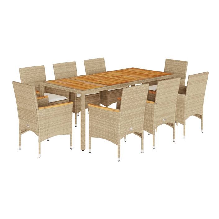 Ensemble à manger de jardin et coussins 9pcs beige rotin acacia - Photo n°1