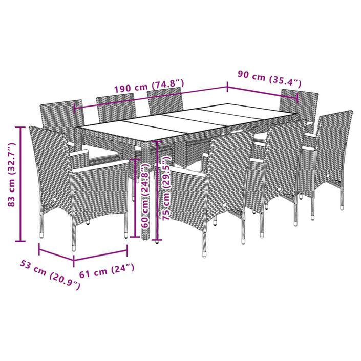 Ensemble à manger de jardin et coussins 9pcs beige rotin acacia - Photo n°7