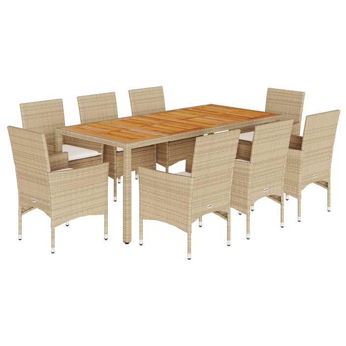 Ensemble à manger de jardin et coussins 9pcs beige rotin acacia - Photo n°1