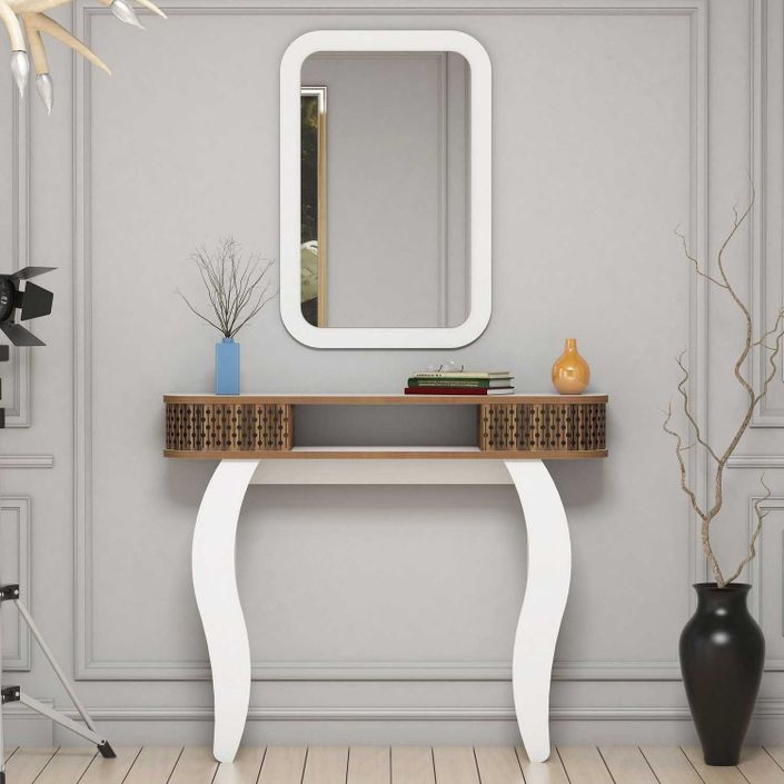 Ensemble console fixe bois blanc et marron avec miroir Dolly 105 cm - Photo n°2