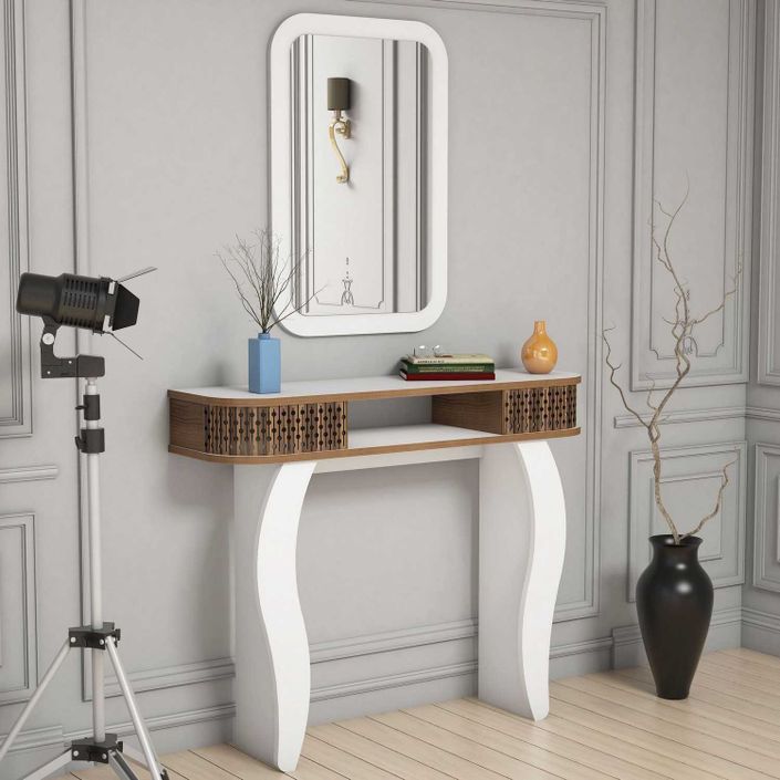 Ensemble console fixe bois blanc et marron avec miroir Dolly 105 cm - Photo n°3