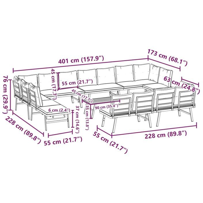 Ensemble de bancs de jardin avec coussins 9 pcs noir - Photo n°11