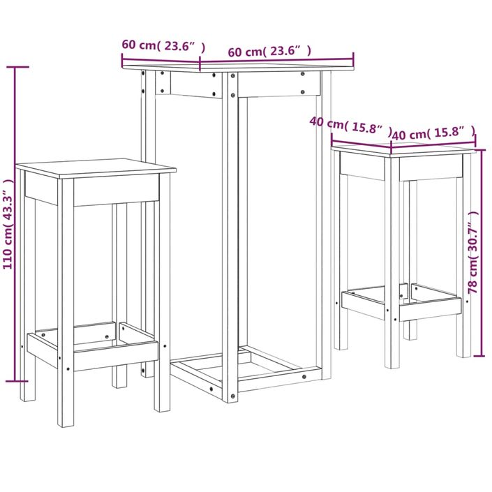 Ensemble de bar 3 pcs Blanc Bois de pin massif - Photo n°11