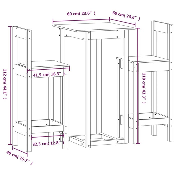 Ensemble de bar 3 pcs Blanc Bois de pin massif - Photo n°9