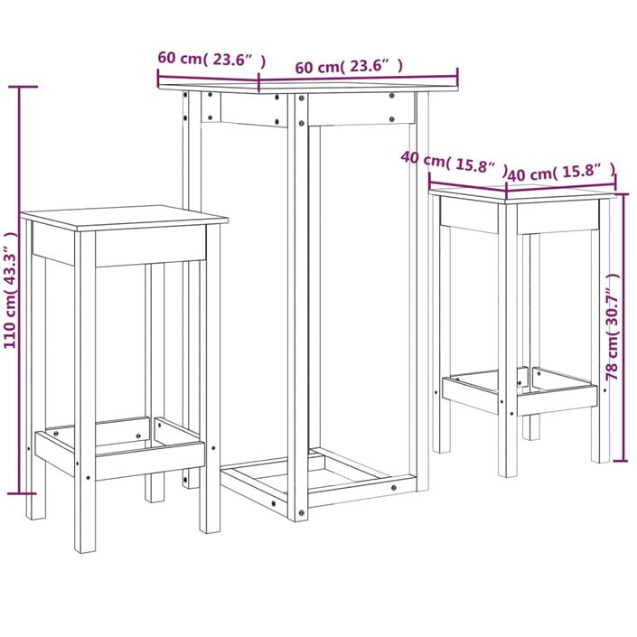 Ensemble de bar 3 pcs Bois de pin massif - Photo n°11