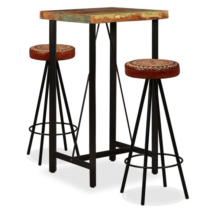 Ensemble de bar 3 pcs Bois de récupération Cuir véritable et toile - Photo n°1