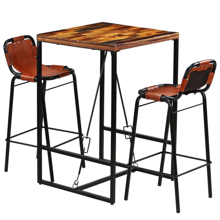 Ensemble de bar 3 pcs Bois massif recyclé et cuir de chèvre - Photo n°1