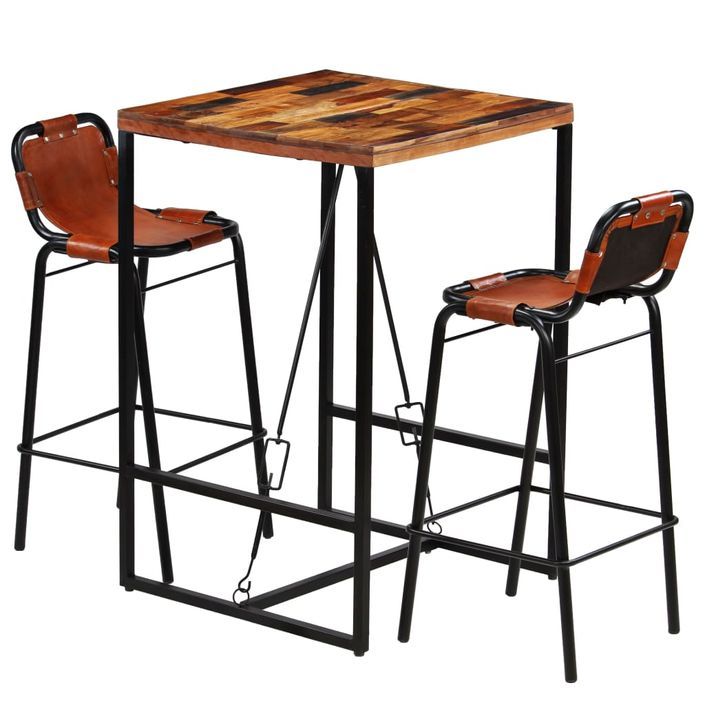 Ensemble de bar 3 pcs Bois massif recyclé et cuir de chèvre - Photo n°11