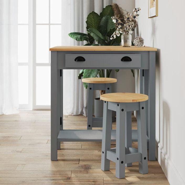 Ensemble de bar 3 pcs gris bois de pin massif - Photo n°3