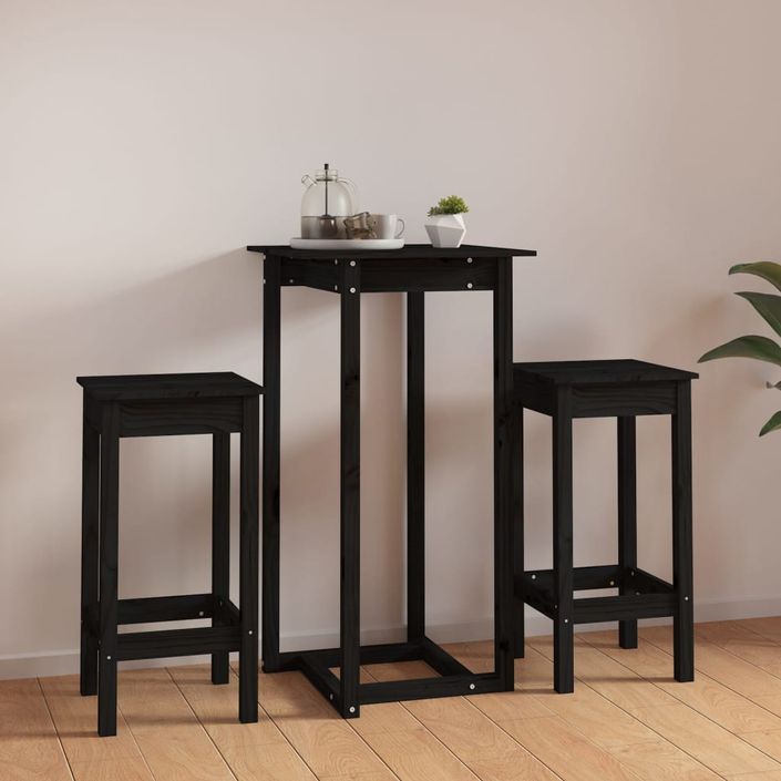 Ensemble de bar 3 pcs Noir Bois de pin massif - Photo n°3