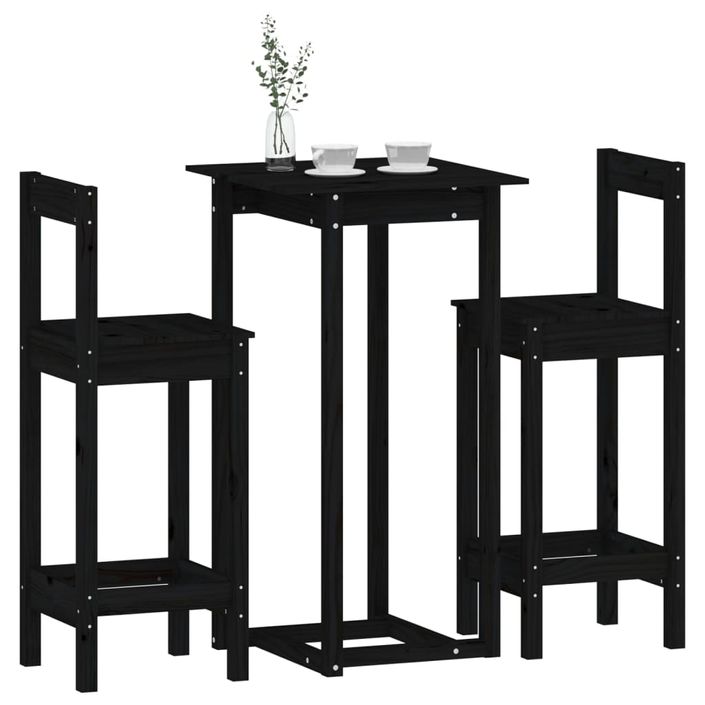 Ensemble de bar 3 pcs Noir Bois de pin massif - Photo n°4