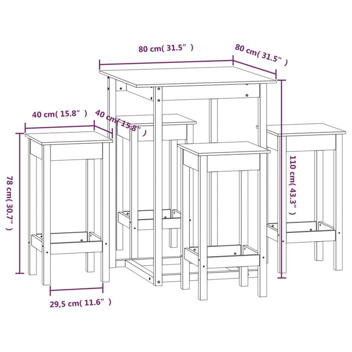 Ensemble de bar 5 pcs Blanc Bois de pin massif - Photo n°9