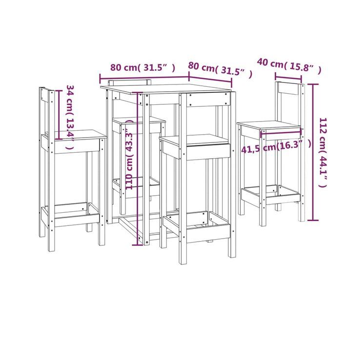 Ensemble de bar 5 pcs Blanc Bois de pin massif - Photo n°9