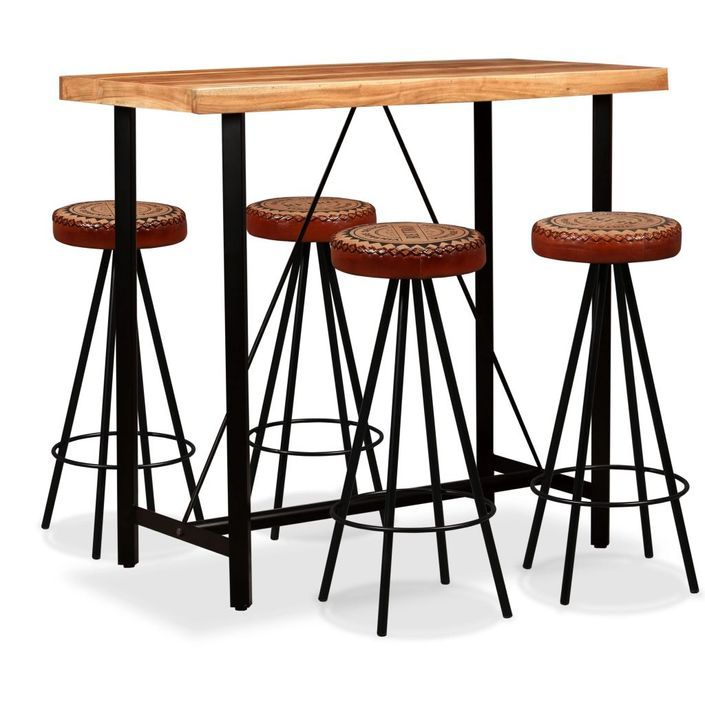 Ensemble de bar 5 pcs Bois d'acacia Cuir véritable et toile - Photo n°1