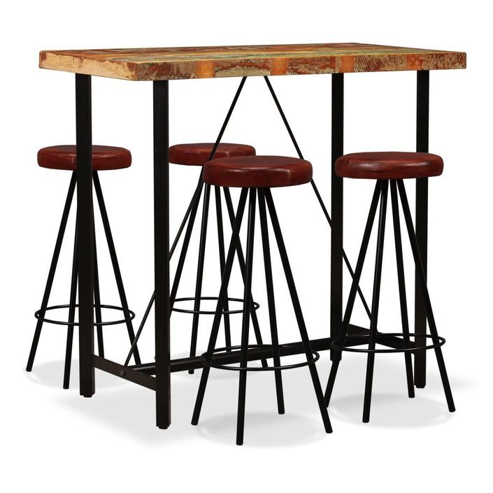 Ensemble de bar 5 pcs Bois massif recyclé et cuir véritable - Photo n°1