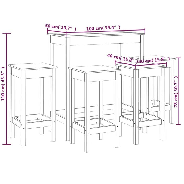 Ensemble de bar 5 pcs Noir Bois de pin massif - Photo n°11