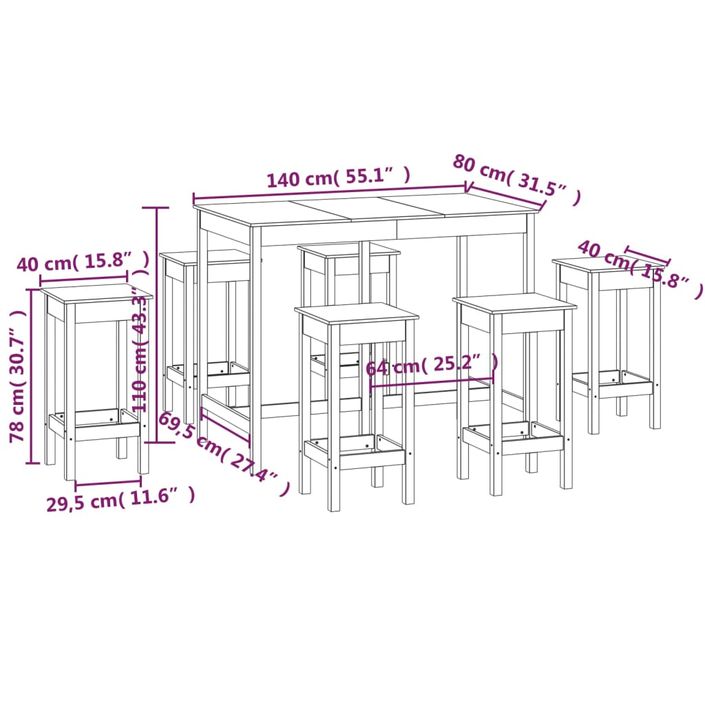 Ensemble de bar 7 pcs Blanc Bois de pin massif - Photo n°8