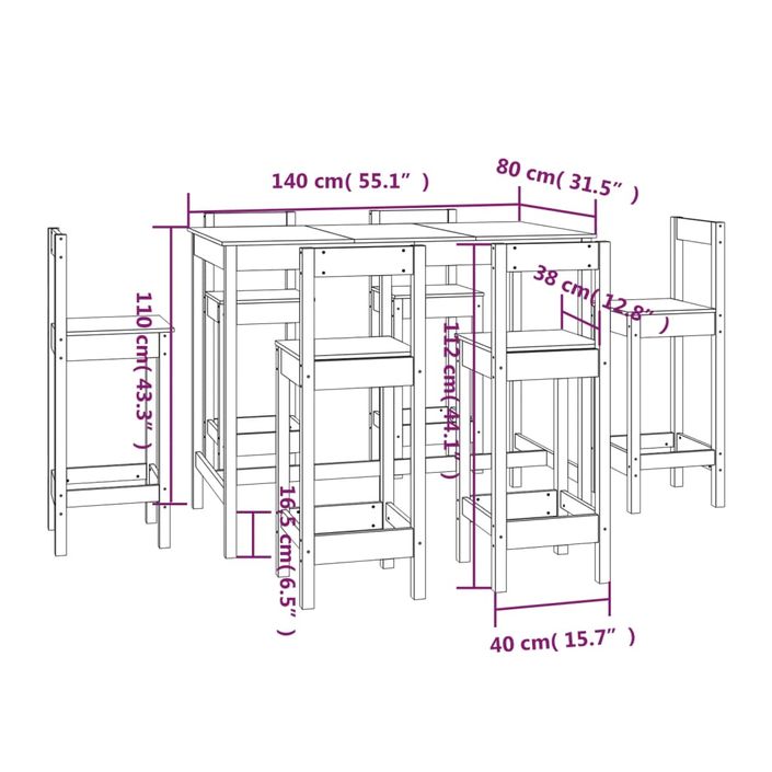 Ensemble de bar 7 pcs Blanc Bois de pin massif - Photo n°9