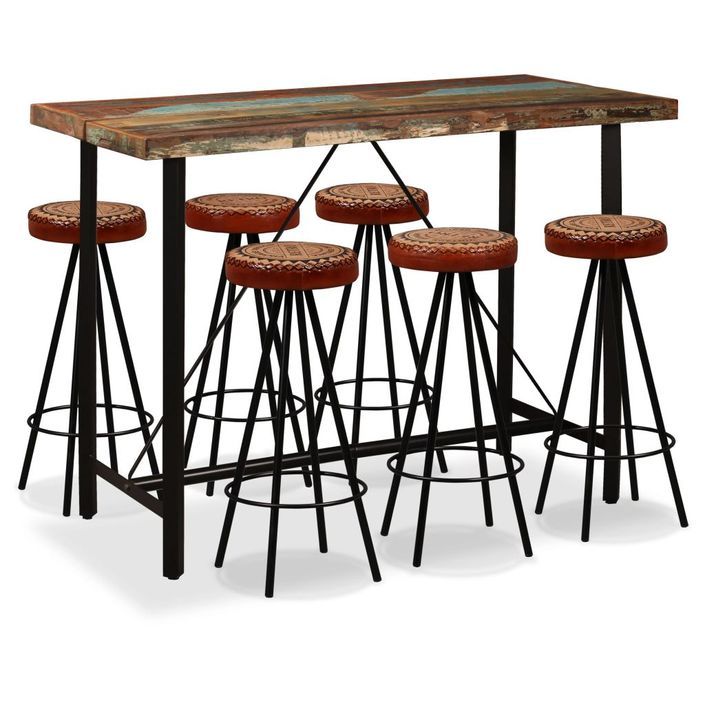 Ensemble de bar 7 pcs Bois de récupération Cuir véritable et toile - Photo n°1