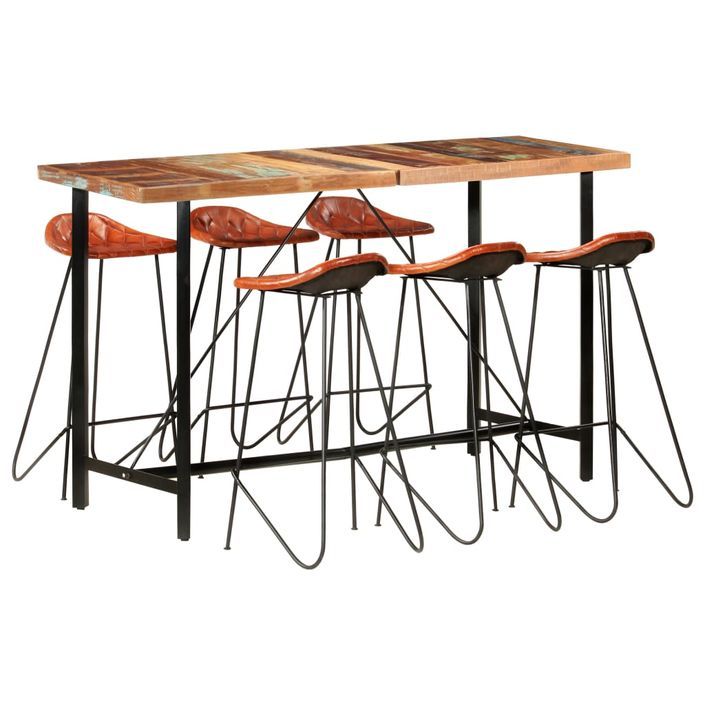 Ensemble de bar 7 pcs Bois de récupération et cuir véritable 2 - Photo n°1