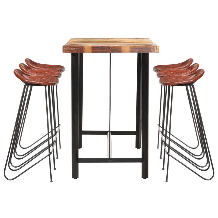 Ensemble de bar 7 pcs Bois de récupération et cuir véritable 2 - Photo n°3