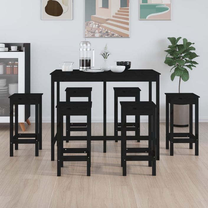 Ensemble de bar 7 pcs Noir Bois de pin massif - Photo n°2