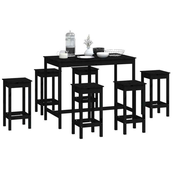 Ensemble de bar 7 pcs Noir Bois de pin massif - Photo n°6