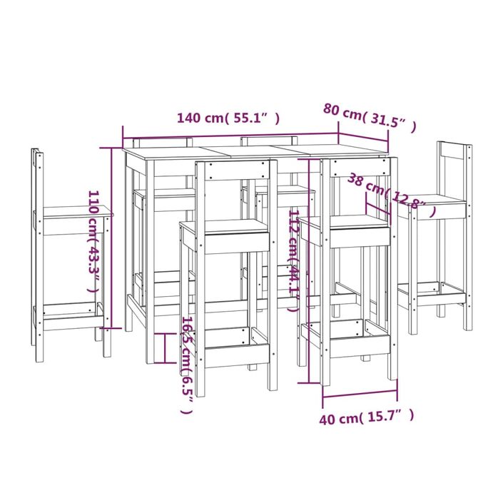 Ensemble de bar 7 pcs Noir Bois de pin massif - Photo n°9