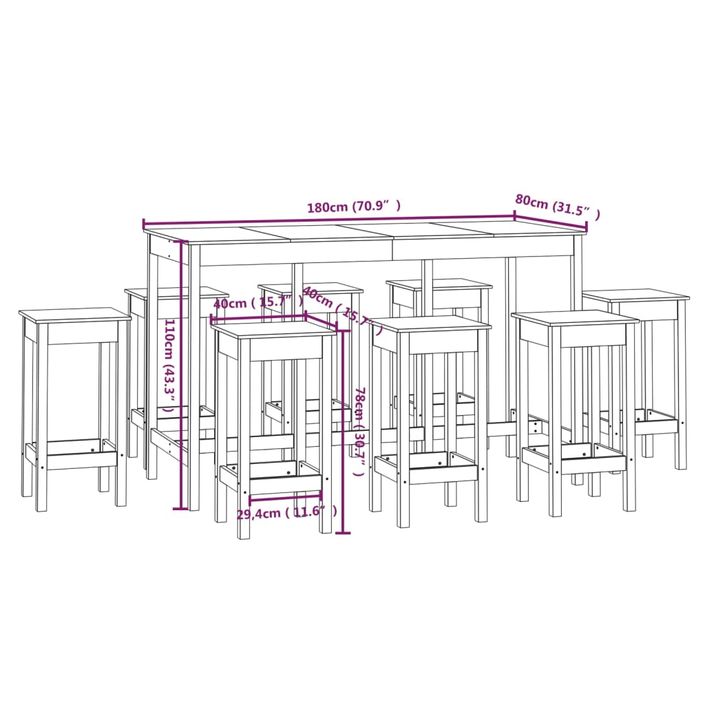 Ensemble de bar 9 pcs Blanc Bois de pin massif - Photo n°9